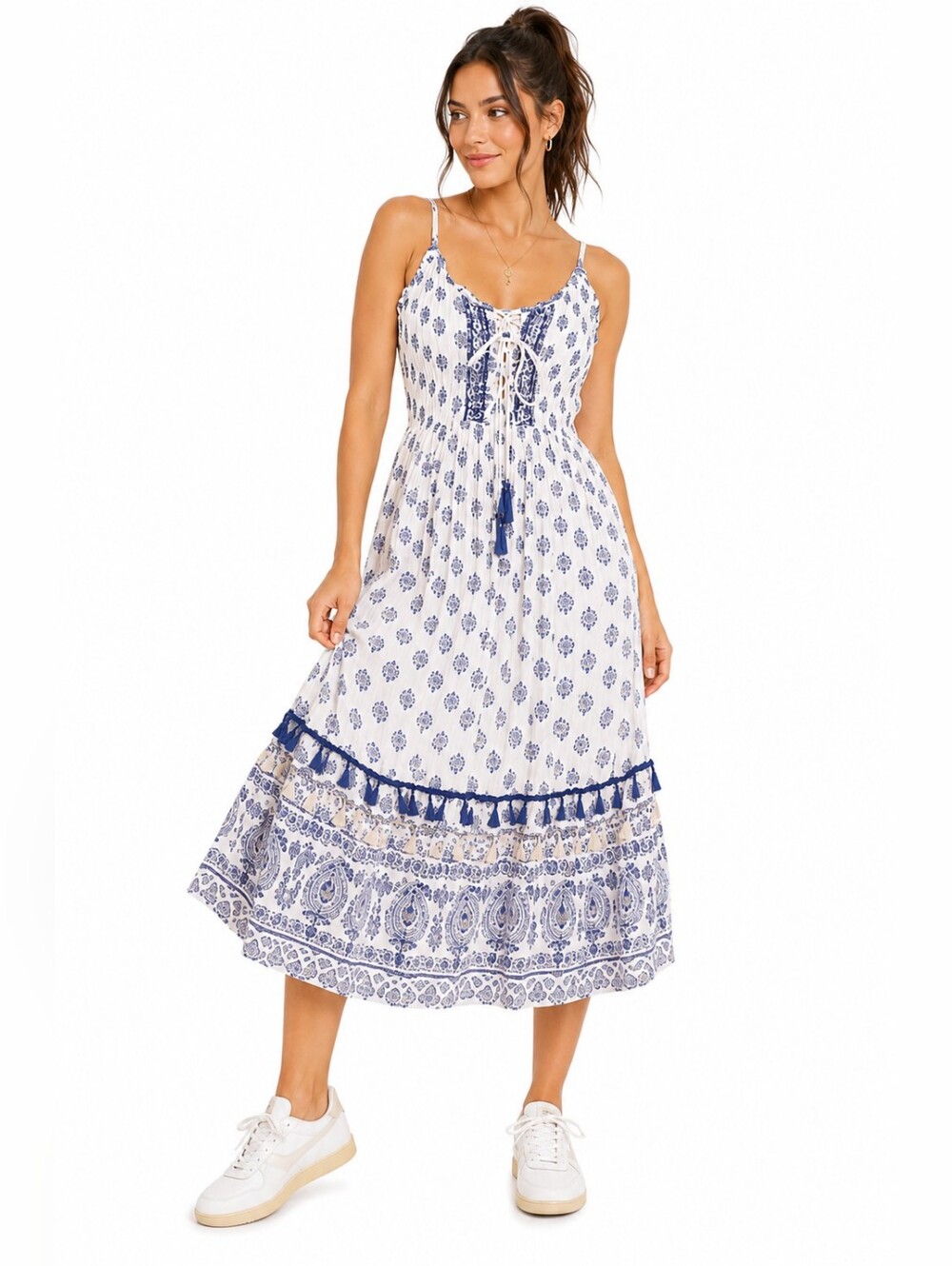 Me 2 Magic Blue White Boho Crinkle Gauze Tassel Midi Dress Medium
